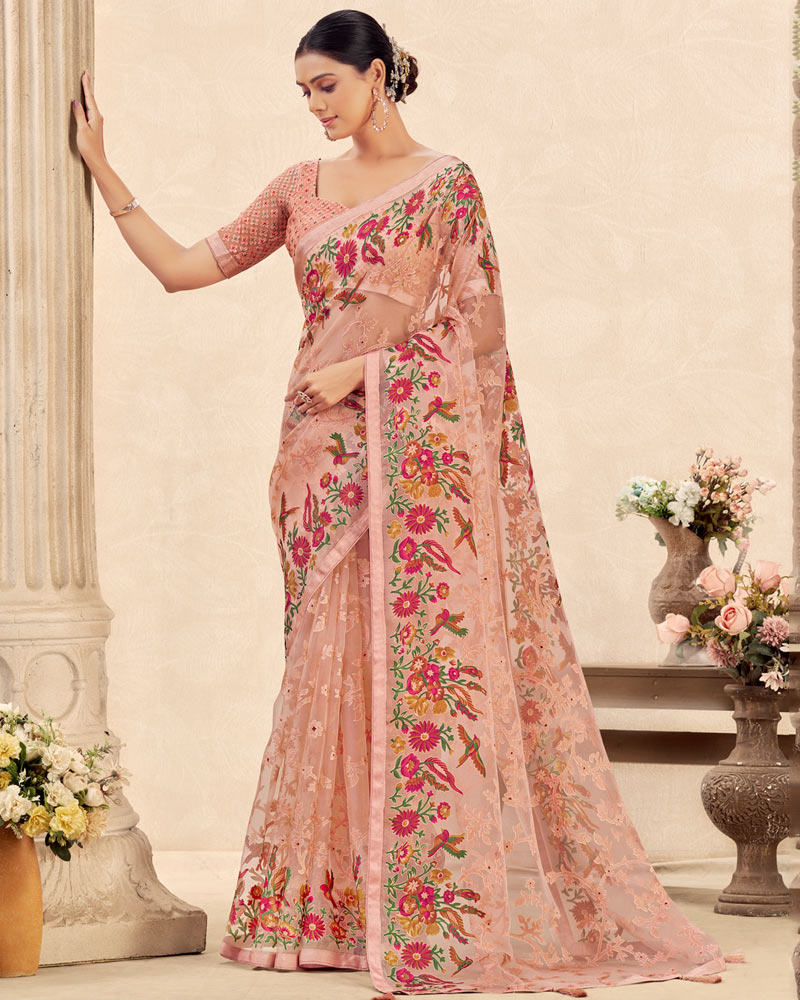 Vishal Prints Light Peach Printed Designer Tissue Brasso Saree With Tassel