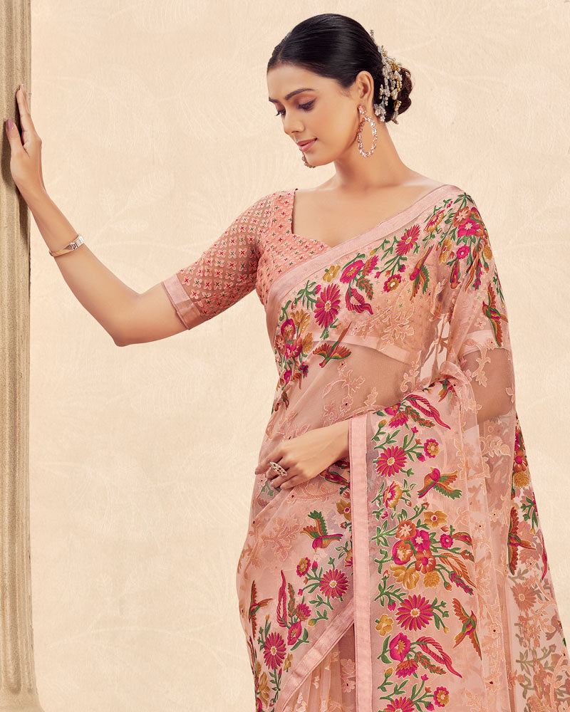Vishal Prints Light Peach Printed Designer Tissue Brasso Saree With Tassel