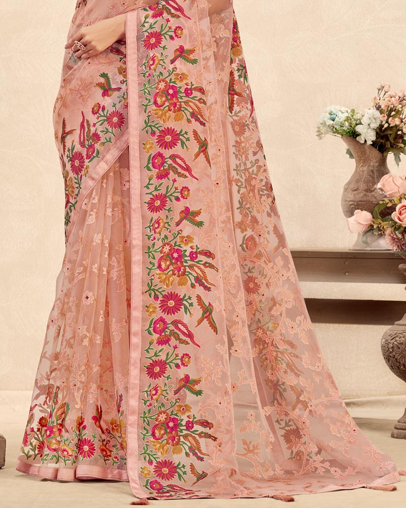 Vishal Prints Light Peach Printed Designer Tissue Brasso Saree With Tassel