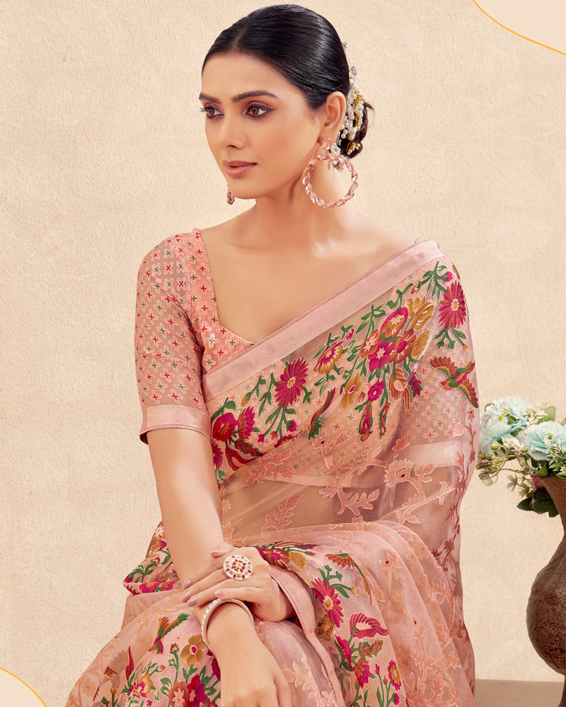 Vishal Prints Light Peach Printed Designer Tissue Brasso Saree With Tassel