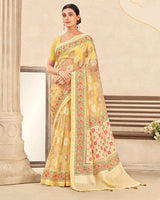 Vishal Prints Pastel Yellow Printed Designer Tissue Brasso Saree With Tassel