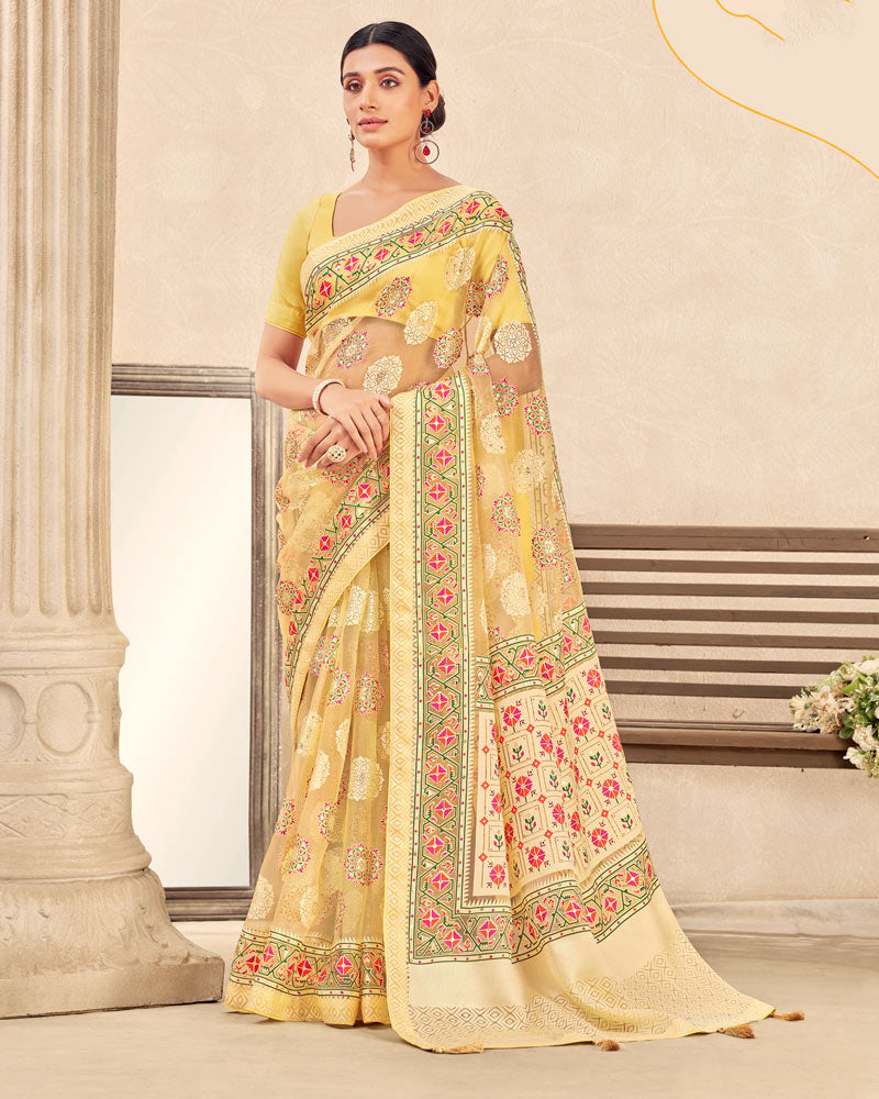 Vishal Prints Pastel Yellow Printed Designer Tissue Brasso Saree With Tassel