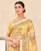 Vishal Prints Pastel Yellow Printed Designer Tissue Brasso Saree With Tassel