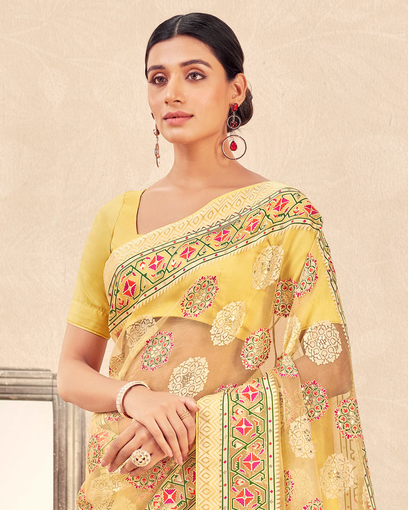 Vishal Prints Pastel Yellow Printed Designer Tissue Brasso Saree With Tassel