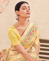 Vishal Prints Pastel Yellow Printed Designer Tissue Brasso Saree With Tassel