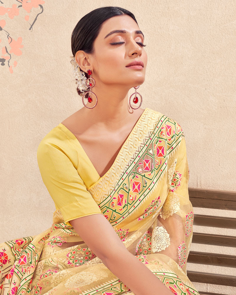 Vishal Prints Pastel Yellow Printed Designer Tissue Brasso Saree With Tassel