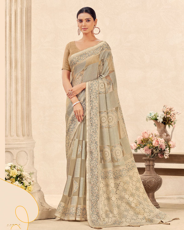 Vishal Prints Sand Grey Printed Designer Tissue Brasso Saree With Tassel