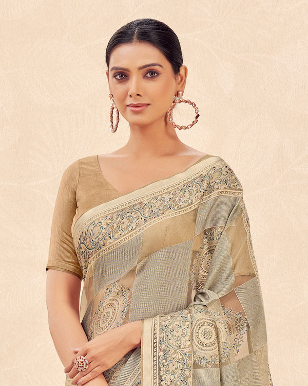 Vishal Prints Sand Grey Printed Designer Tissue Brasso Saree With Tassel