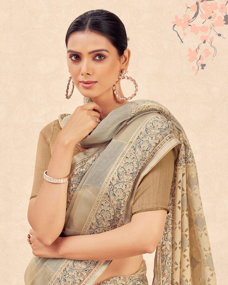 Vishal Prints Sand Grey Printed Designer Tissue Brasso Saree With Tassel