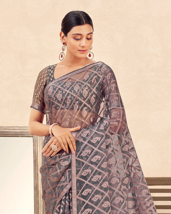 Vishal Prints Dusty Greyish Pink Printed Designer Tissue Brasso Saree With Tassel
