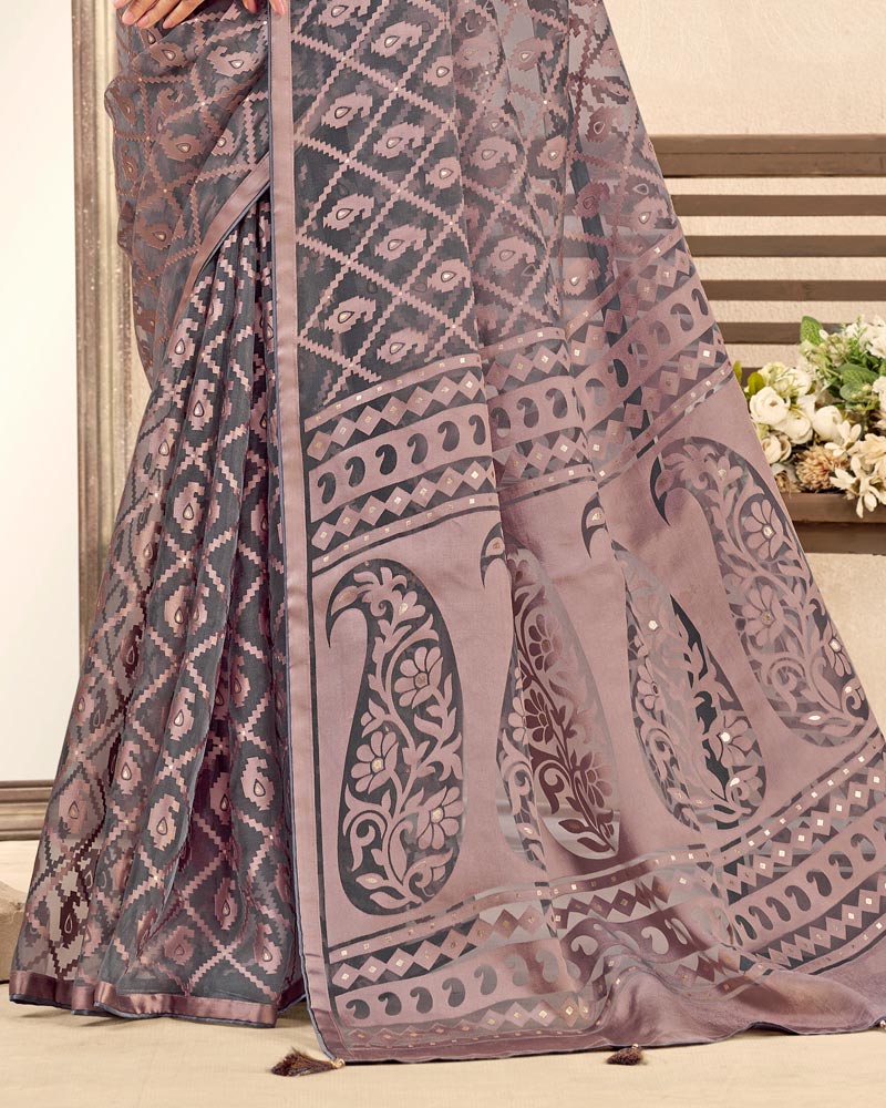 Vishal Prints Dusty Greyish Pink Printed Designer Tissue Brasso Saree With Tassel
