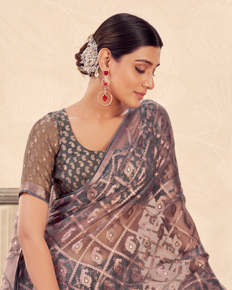 Vishal Prints Dusty Greyish Pink Printed Designer Tissue Brasso Saree With Tassel