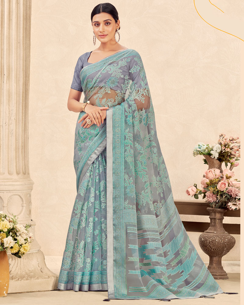 Vishal Prints Bluish Grey Printed Designer Tissue Brasso Saree With Tassel