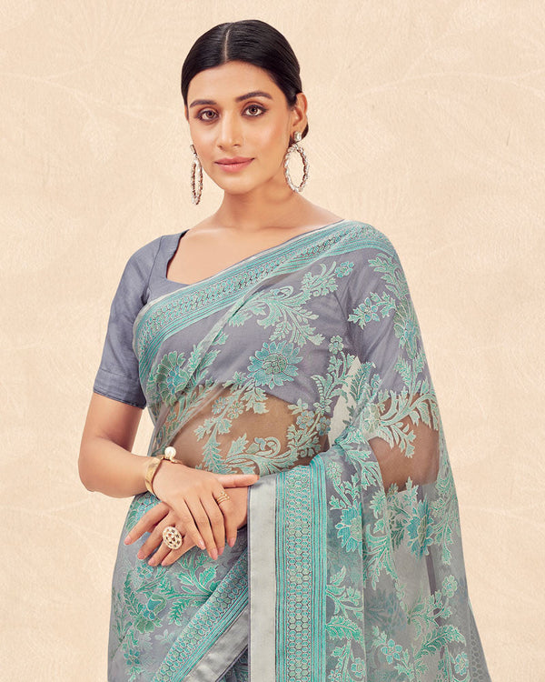 Vishal Prints Bluish Grey Printed Designer Tissue Brasso Saree With Tassel