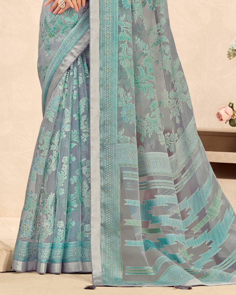 Vishal Prints Bluish Grey Printed Designer Tissue Brasso Saree With Tassel