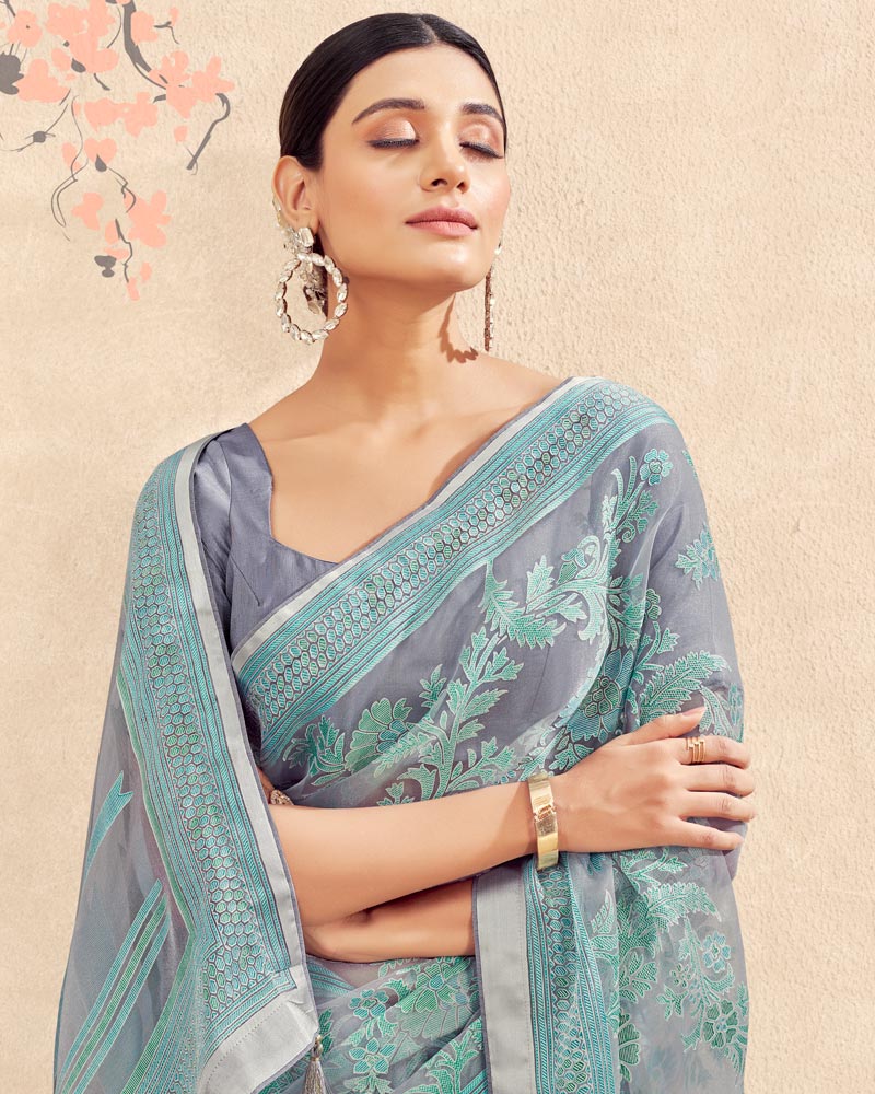 Vishal Prints Bluish Grey Printed Designer Tissue Brasso Saree With Tassel