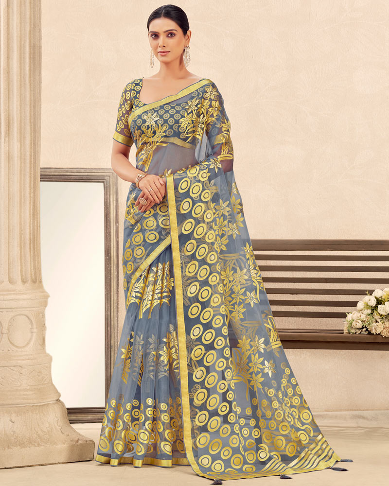 Vishal Prints Bluish Grey Printed Designer Tissue Brasso Saree With Tassel