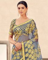 Vishal Prints Bluish Grey Printed Designer Tissue Brasso Saree With Tassel