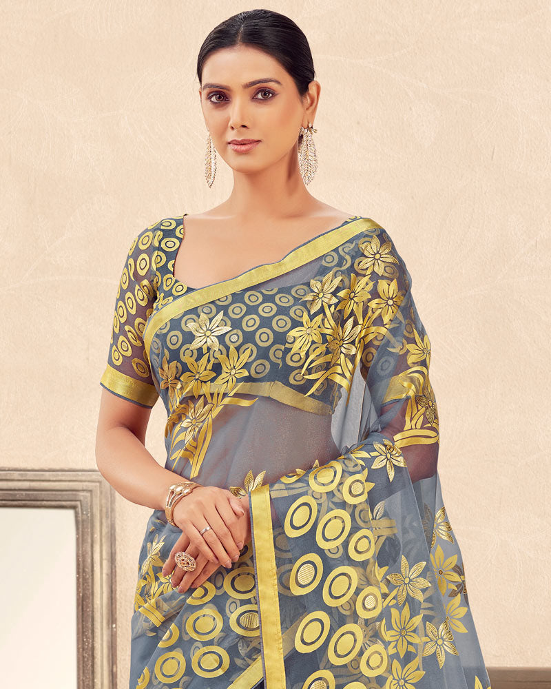 Vishal Prints Bluish Grey Printed Designer Tissue Brasso Saree With Tassel