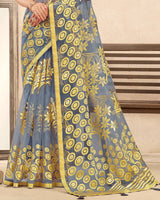 Vishal Prints Bluish Grey Printed Designer Tissue Brasso Saree With Tassel