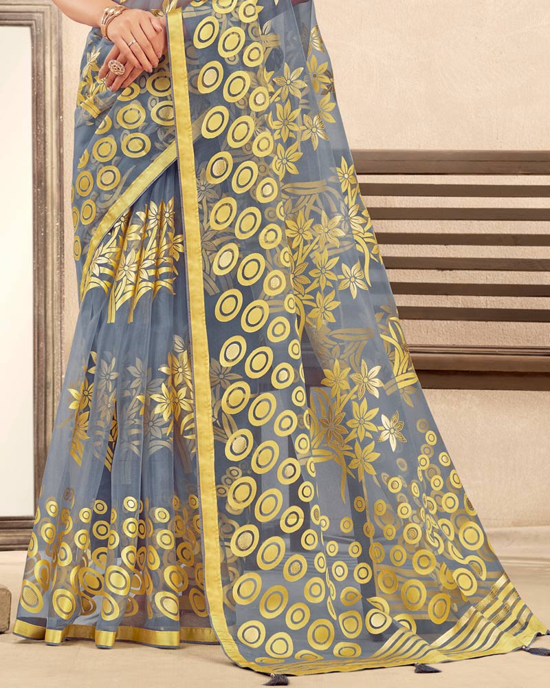 Vishal Prints Bluish Grey Printed Designer Tissue Brasso Saree With Tassel