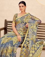 Vishal Prints Bluish Grey Printed Designer Tissue Brasso Saree With Tassel