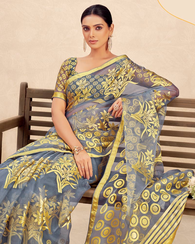 Vishal Prints Bluish Grey Printed Designer Tissue Brasso Saree With Tassel