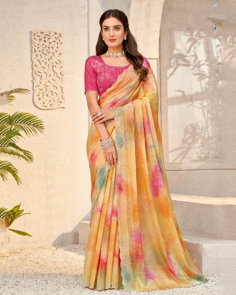 Vishal Prints Porsche Orange Designer Organza Digital Print Saree With Diamond Work And Cut Work Border