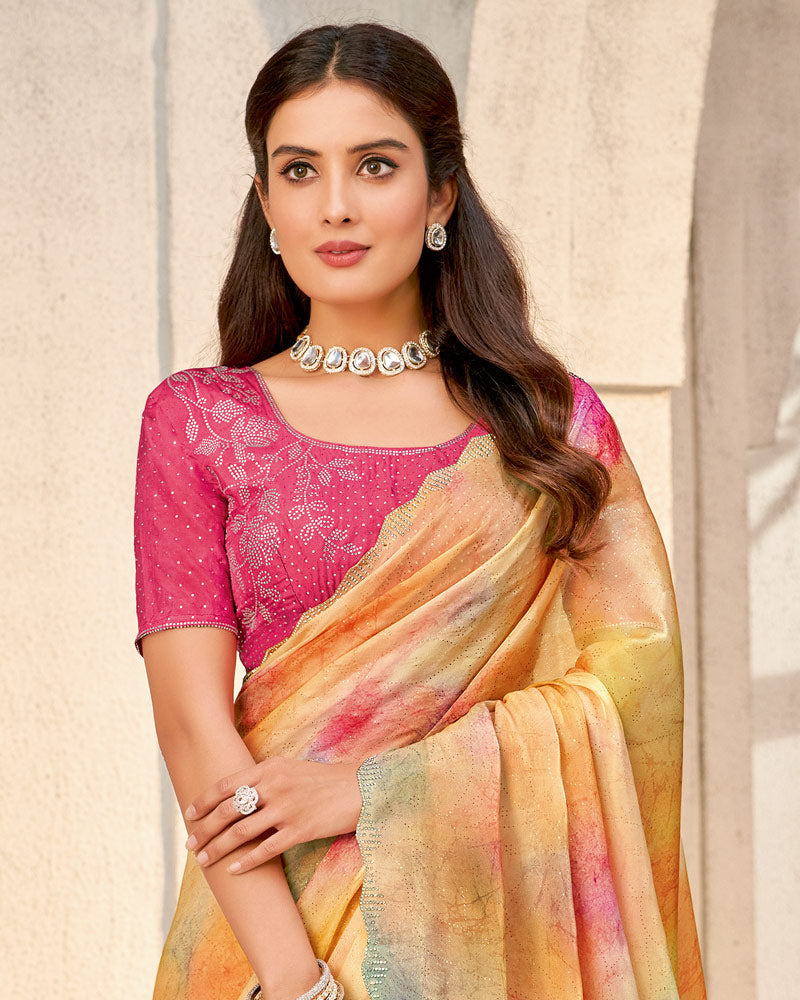 Vishal Prints Porsche Orange Designer Organza Digital Print Saree With Diamond Work And Cut Work Border