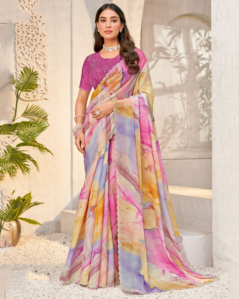 Vishal Prints Multi Color Designer Organza Digital Print Saree With Diamond Work And Cut Work Border