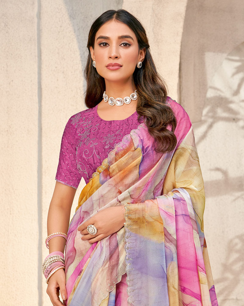 Vishal Prints Multi Color Designer Organza Digital Print Saree With Diamond Work And Cut Work Border