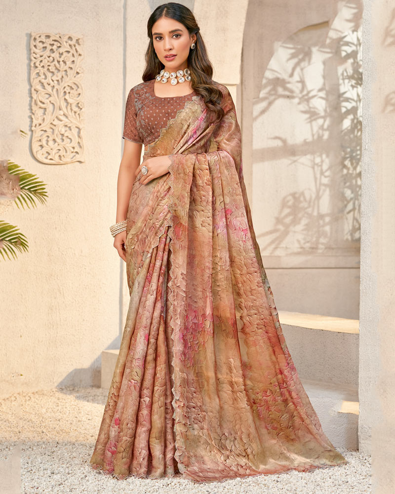 Vishal Prints Antique Brass Designer Organza Digital Print Saree With Diamond Work And Cut Work Border