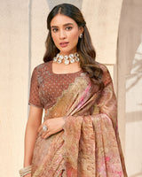 Vishal Prints Antique Brass Designer Organza Digital Print Saree With Diamond Work And Cut Work Border