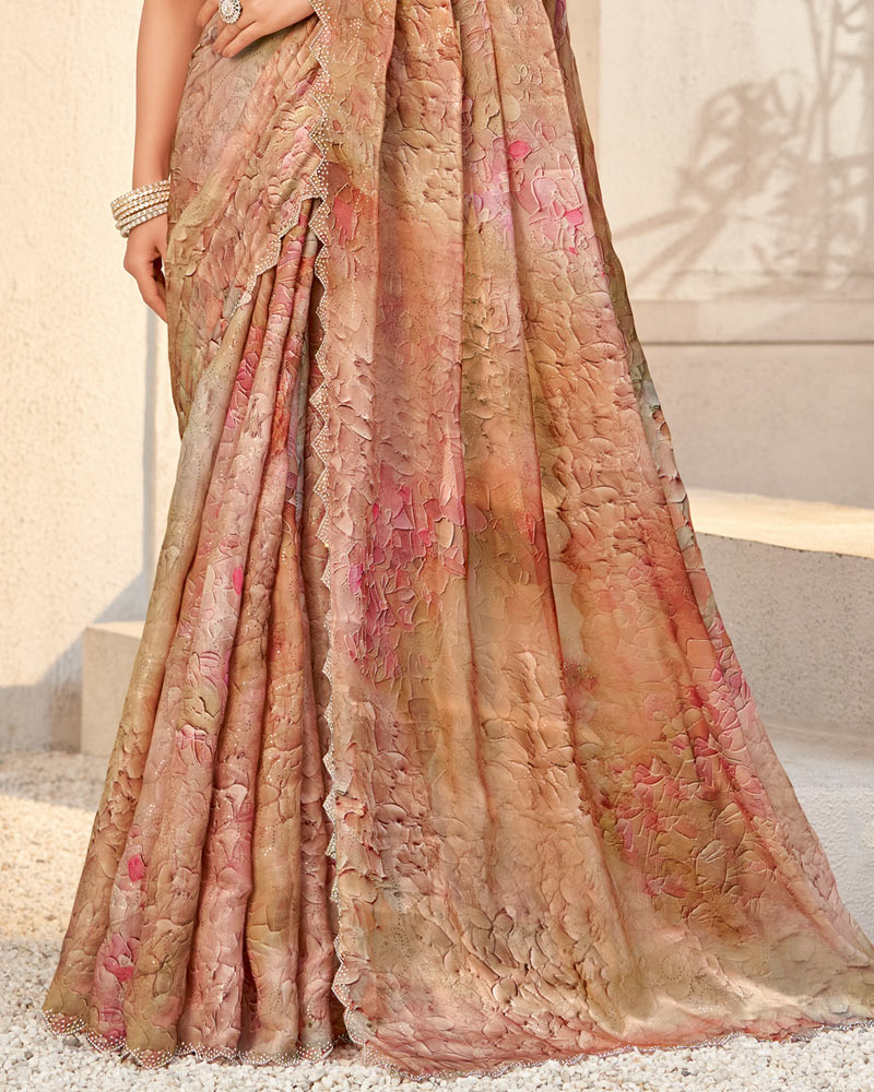 Vishal Prints Antique Brass Designer Organza Digital Print Saree With Diamond Work And Cut Work Border