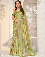 Vishal Prints Mehandi Green Designer Organza Digital Print Saree With Diamond Work And Cut Work Border