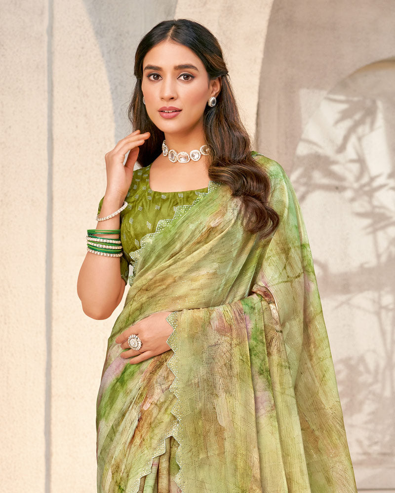 Vishal Prints Mehandi Green Designer Organza Digital Print Saree With Diamond Work And Cut Work Border