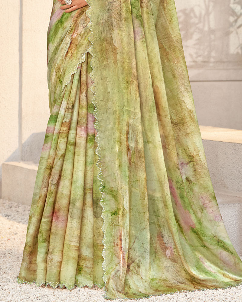 Vishal Prints Mehandi Green Designer Organza Digital Print Saree With Diamond Work And Cut Work Border