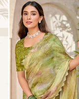 Vishal Prints Mehandi Green Designer Organza Digital Print Saree With Diamond Work And Cut Work Border