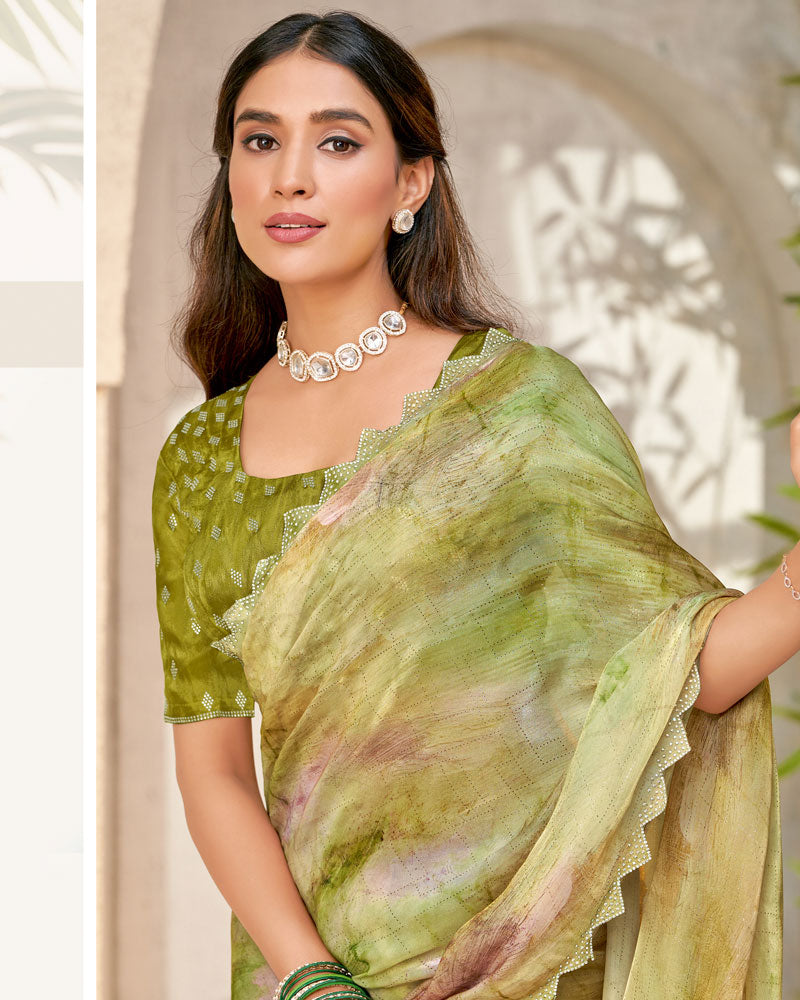 Vishal Prints Mehandi Green Designer Organza Digital Print Saree With Diamond Work And Cut Work Border