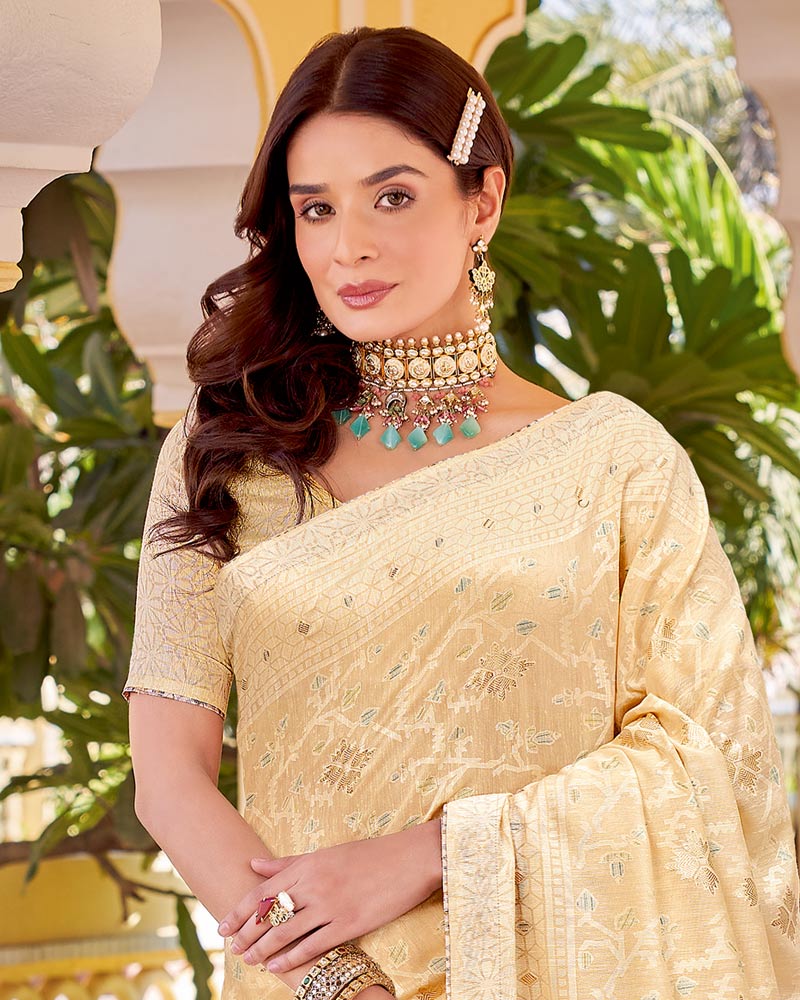 Vishal Prints Gold Sand Cotton Brasso Saree With Core Piping