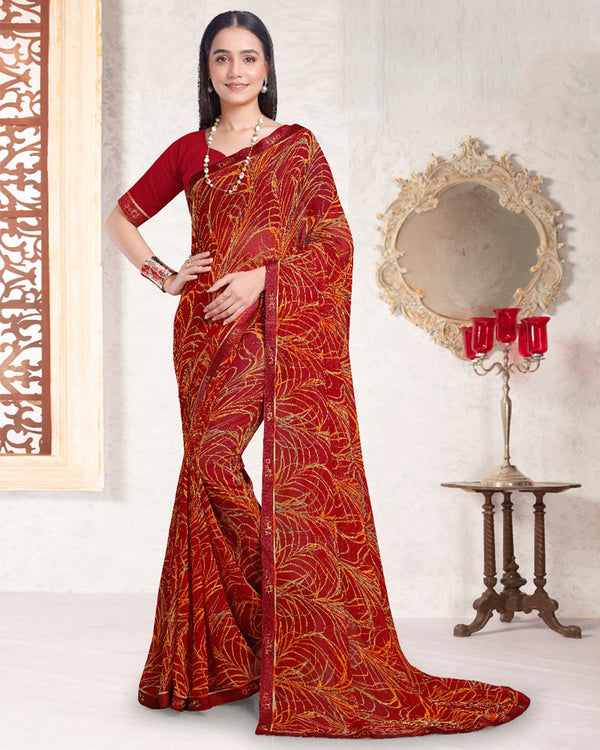 Vishal Prints Brick Red Printed Georgette Saree With Fancy Border