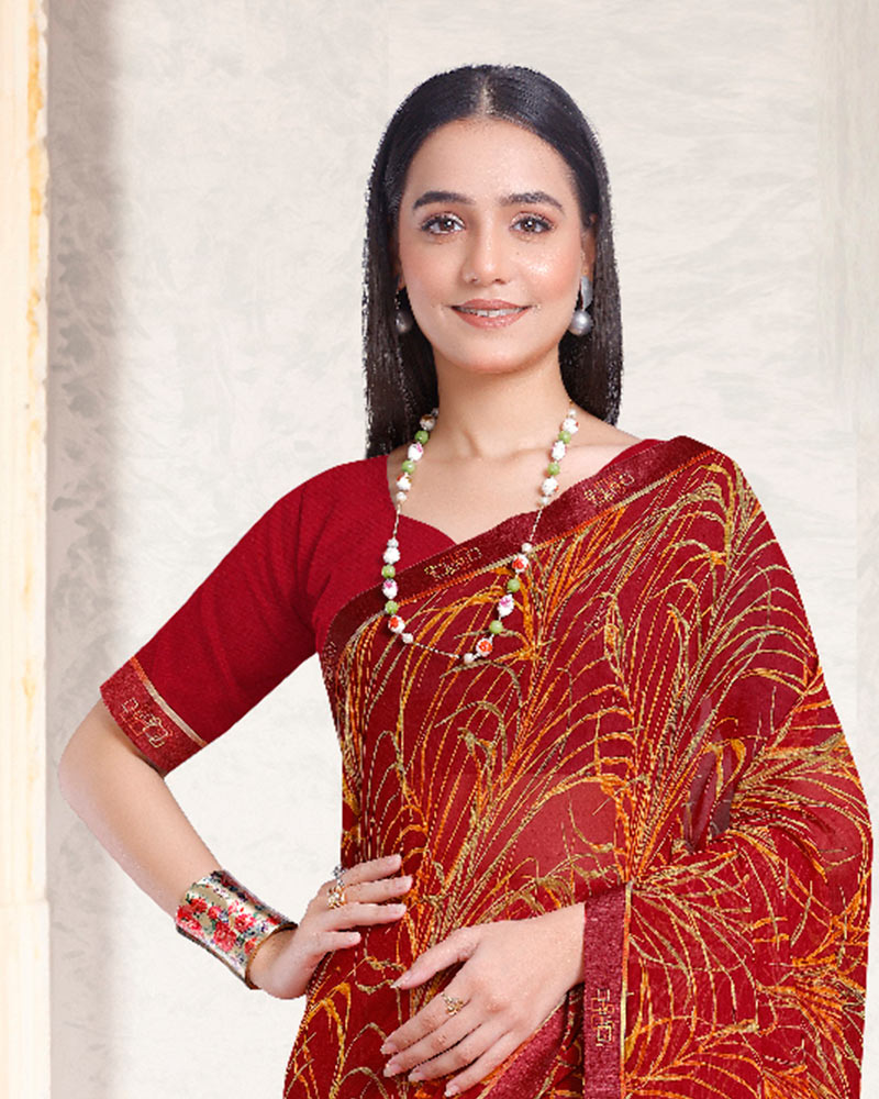 Vishal Prints Brick Red Printed Georgette Saree With Fancy Border