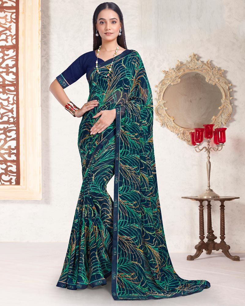 Vishal Prints Teal Green Printed Georgette Saree With Fancy Border