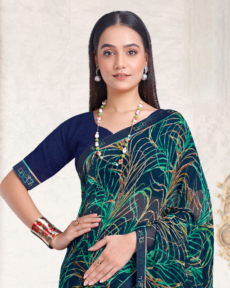Vishal Prints Teal Green Printed Georgette Saree With Fancy Border
