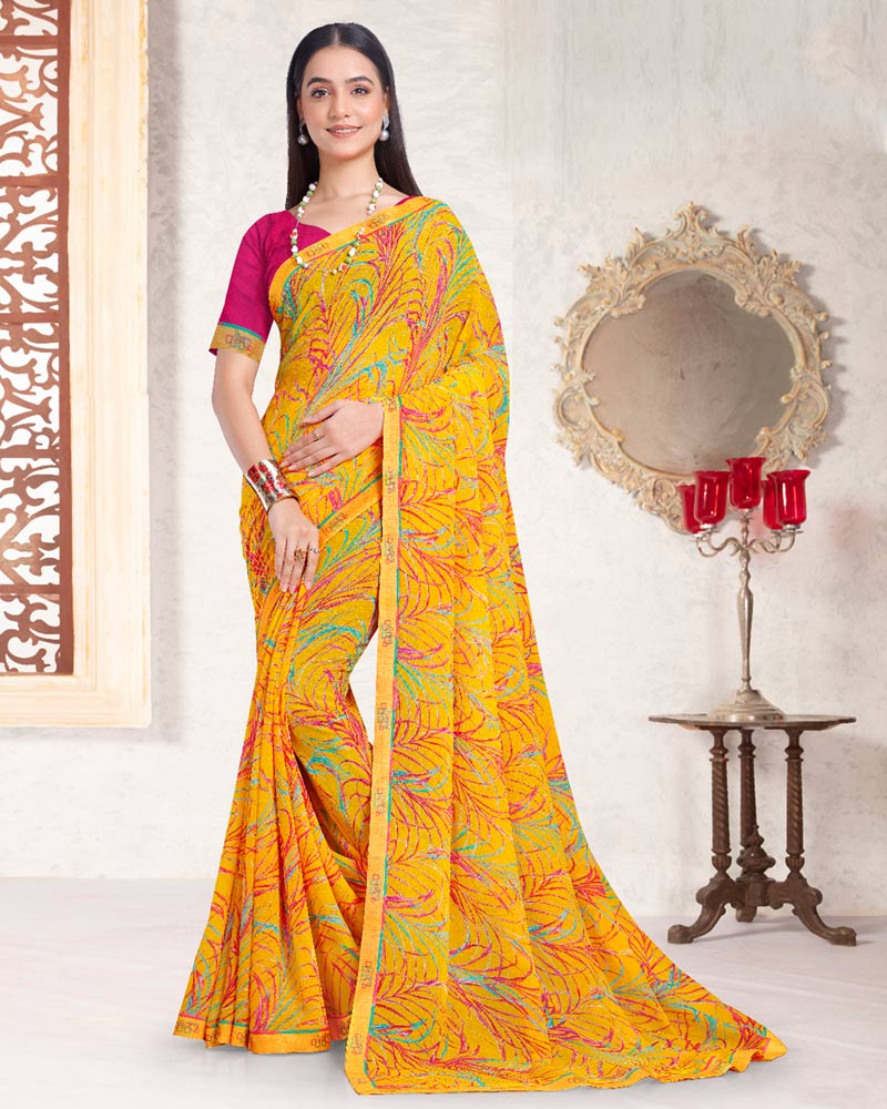 Vishal Prints Dark Yellow Printed Georgette Saree With Fancy Border