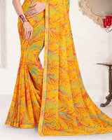 Vishal Prints Dark Yellow Printed Georgette Saree With Fancy Border
