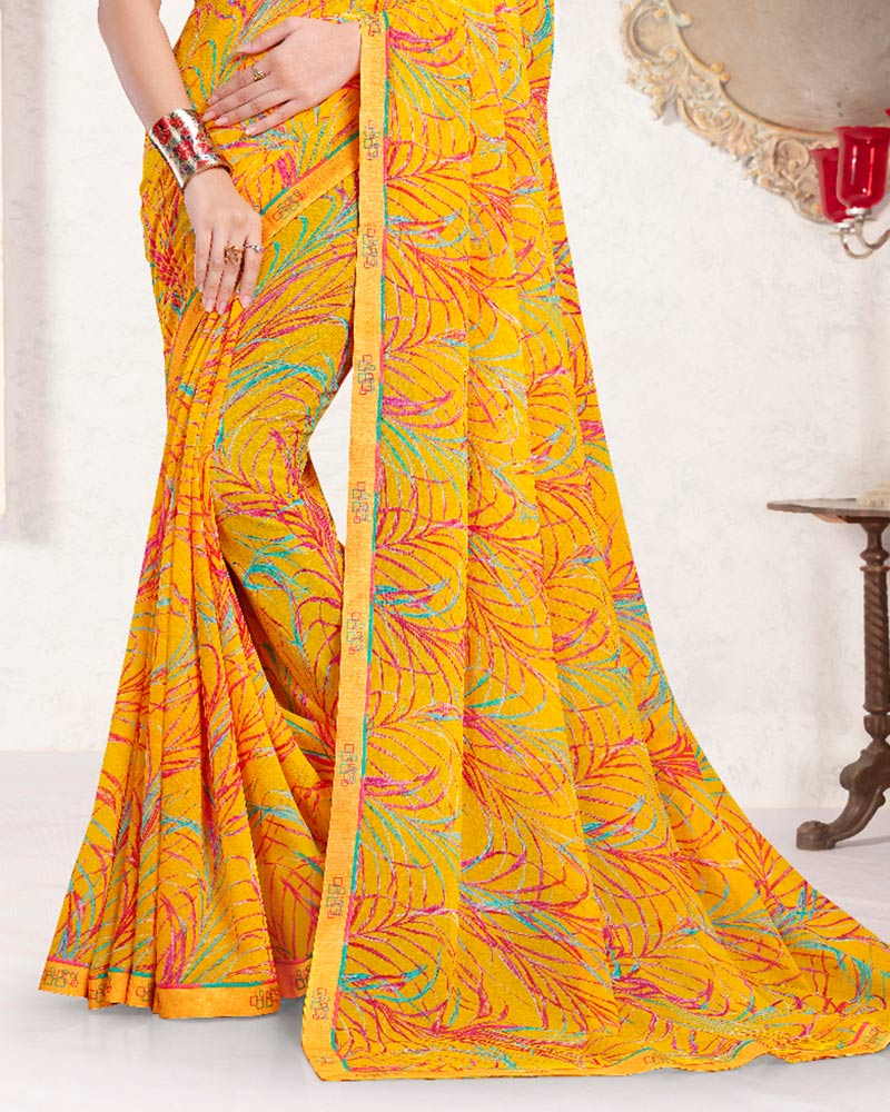 Vishal Prints Dark Yellow Printed Georgette Saree With Fancy Border
