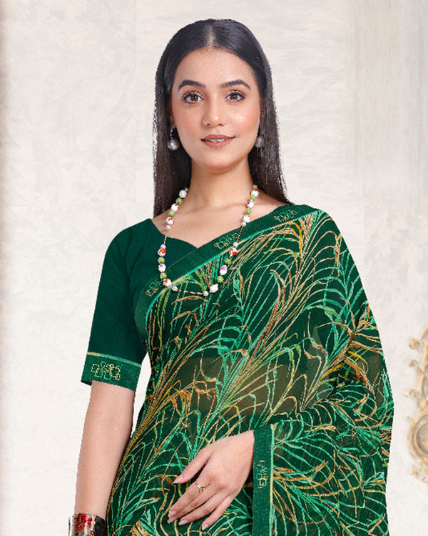Vishal Prints Dark Green Printed Georgette Saree With Fancy Border