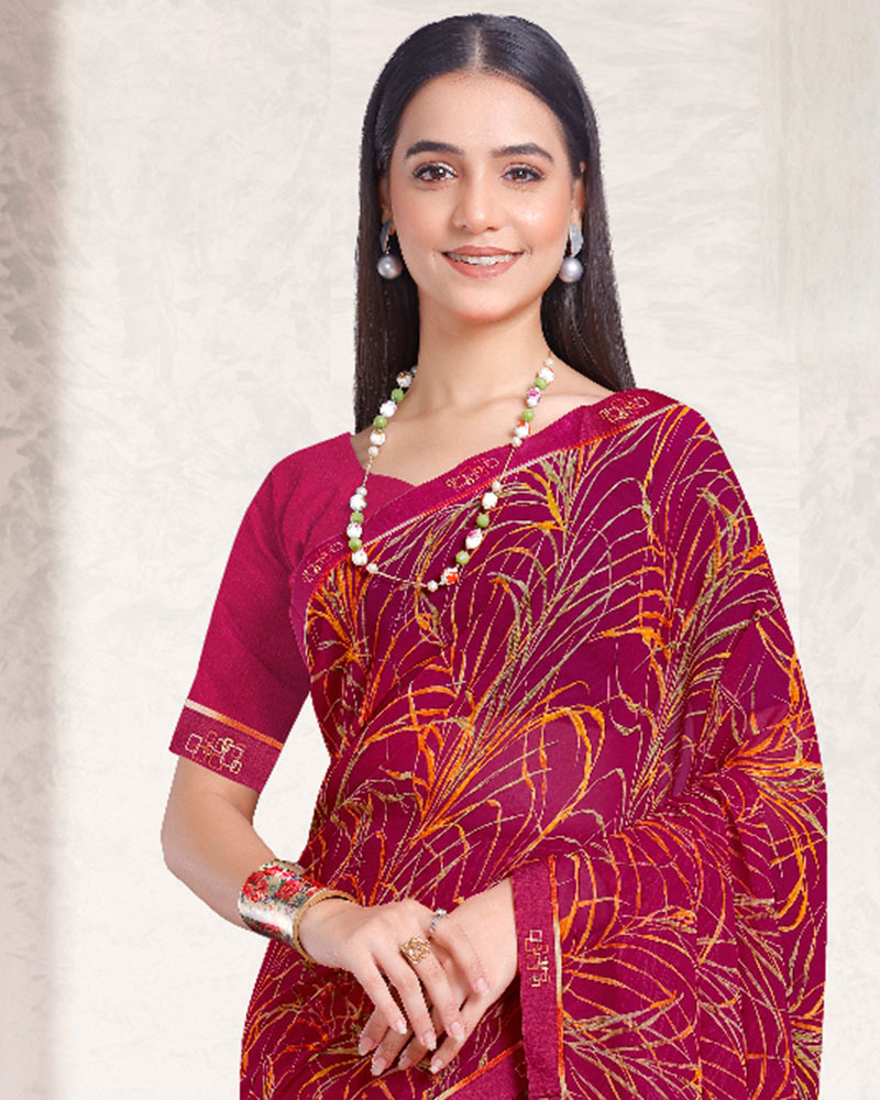 Vishal Prints Red Purple Printed Georgette Saree With Fancy Border