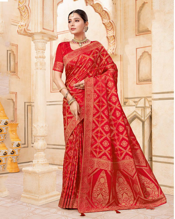 Vishal Prints Dark Red Designer Art Silk Weaving Saree With Diamond Work And Tassel